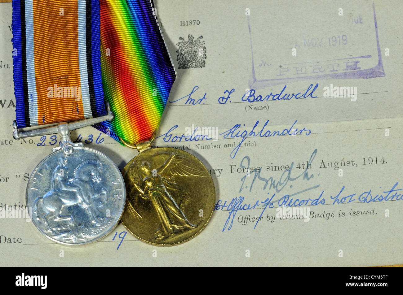 First World War British medals. Victory Medal (left) War Medal (right) with original documentation Stock Photo