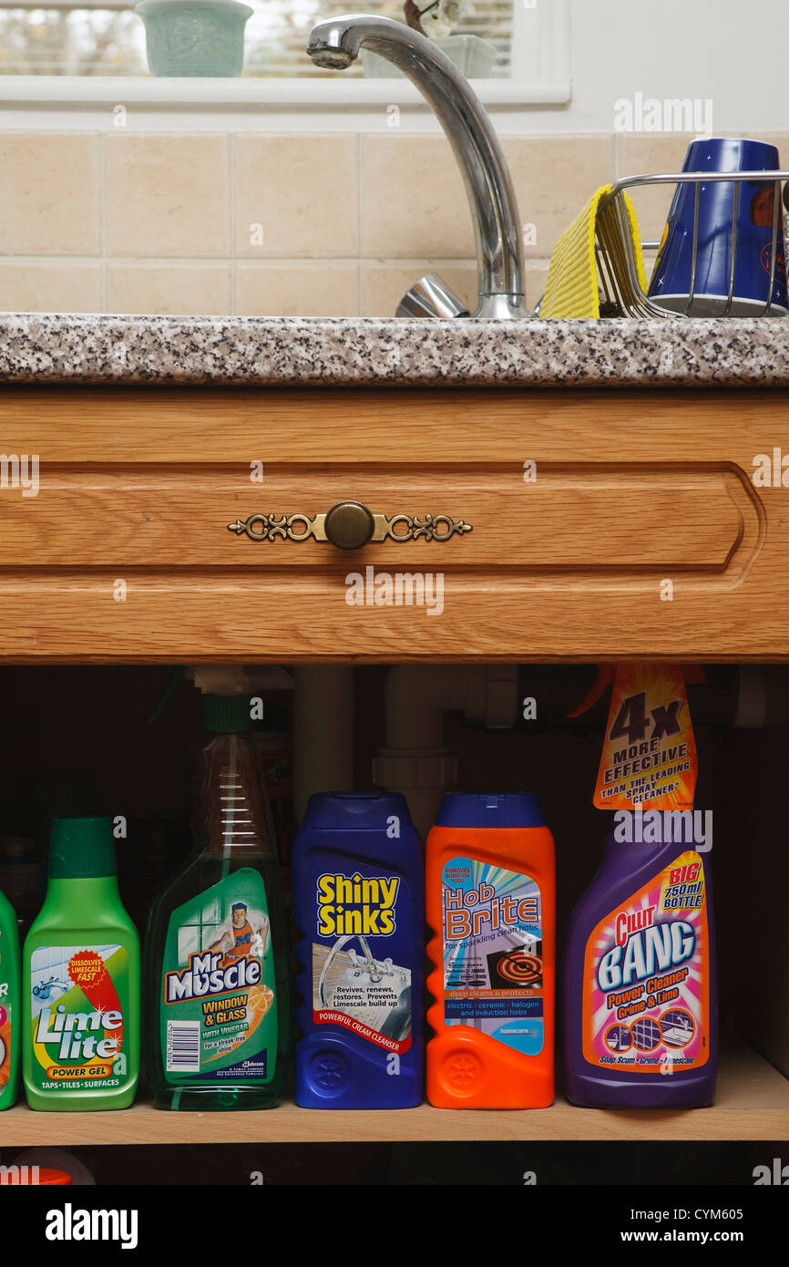 https://c8.alamy.com/comp/CYM605/kitchen-and-household-cleaning-products-sitting-on-a-shelf-in-a-kitchen-CYM605.jpg