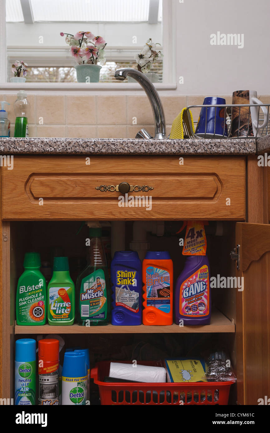 Spray Bottle And Cleaning Tools On The Kitchen Countertop. Basket