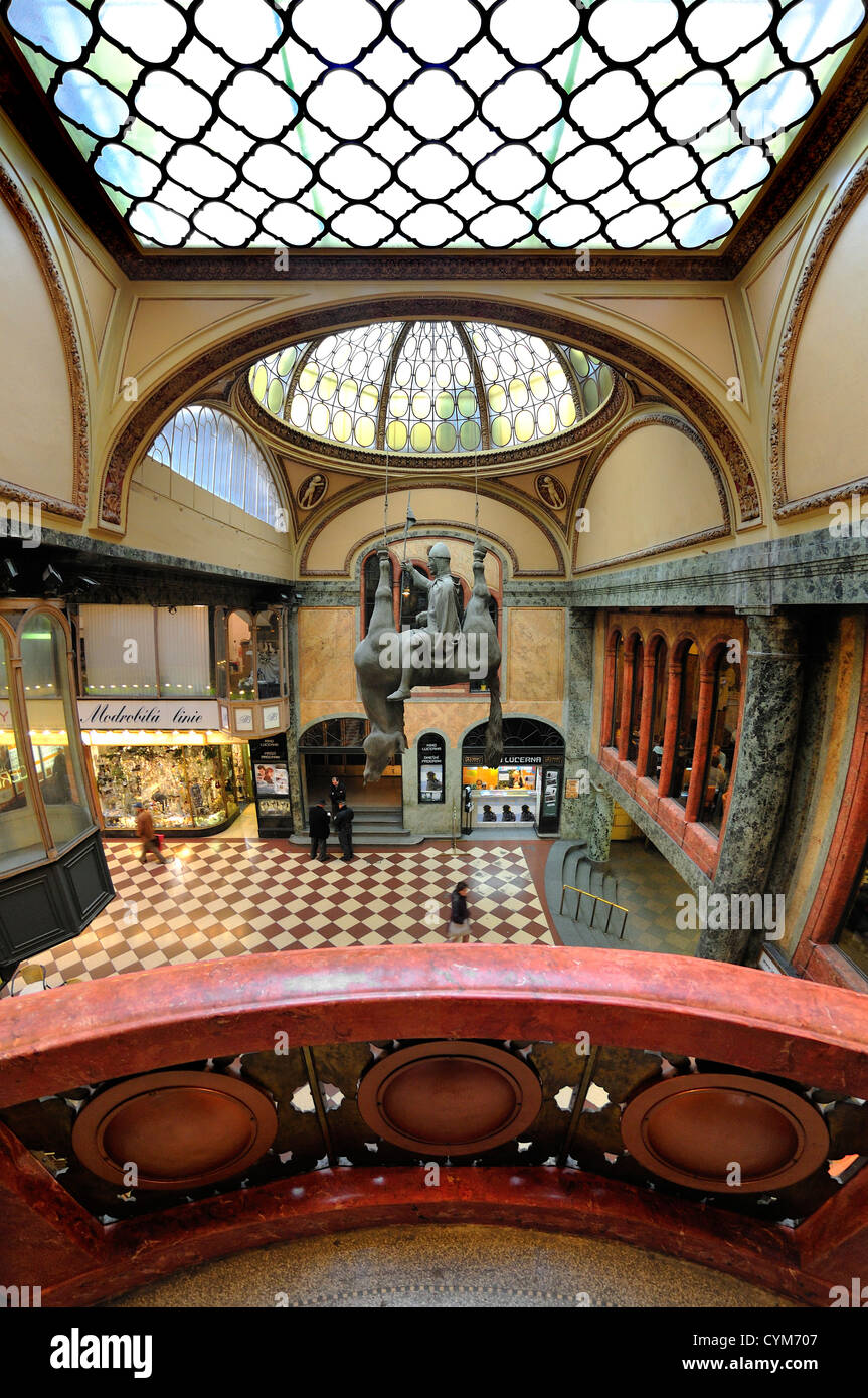 Prague, Czech Republic. Lucerna Palace. Shopping arcade; parody of the  Wenceslas Monument by David Cerny Stock Photo - Alamy
