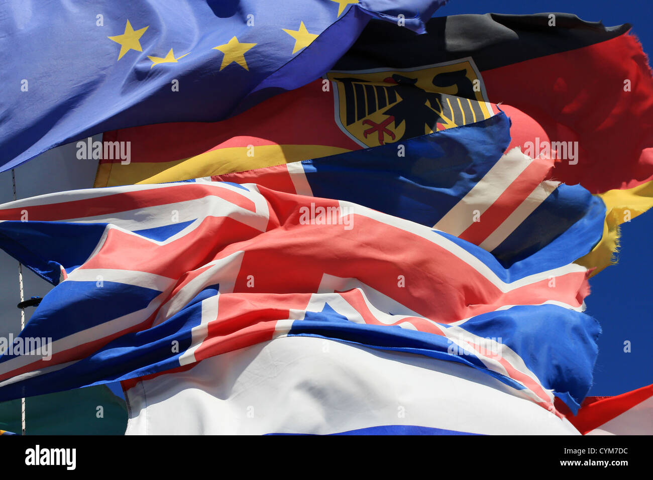 The National Flags Of France UK And Germany Along With European Union Flag All Flying Together Thight Shot