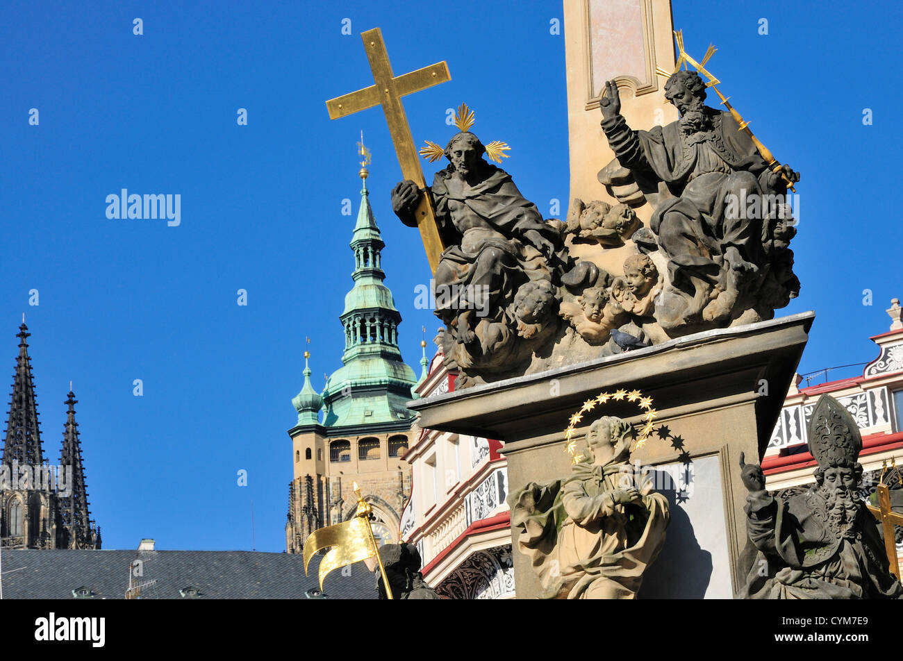 Prague, Czech Republic. Malostranske namesti / 'lesser Town Square'. Plague Column (1715) Cathedral behind Stock Photo