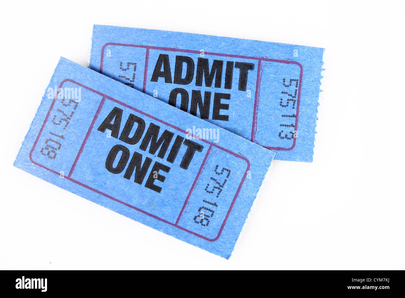 two blue admission tickets for one, isolated on white Stock Photo