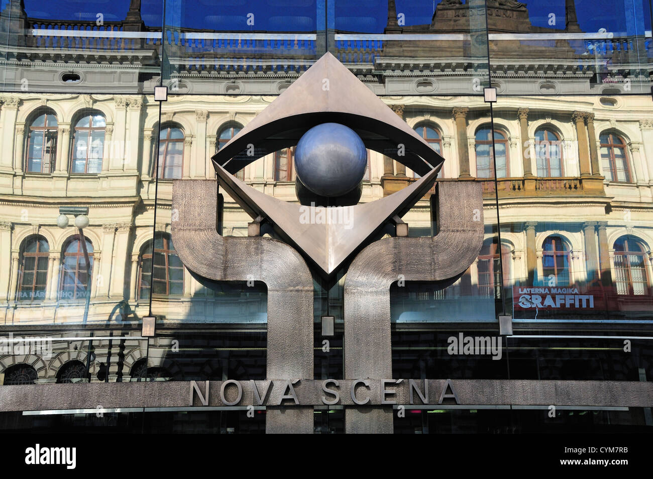Prague, Czech Republic. New National Theatre / Nova scena, on Narodni trida street. Reflection of sky and building opposite Stock Photo