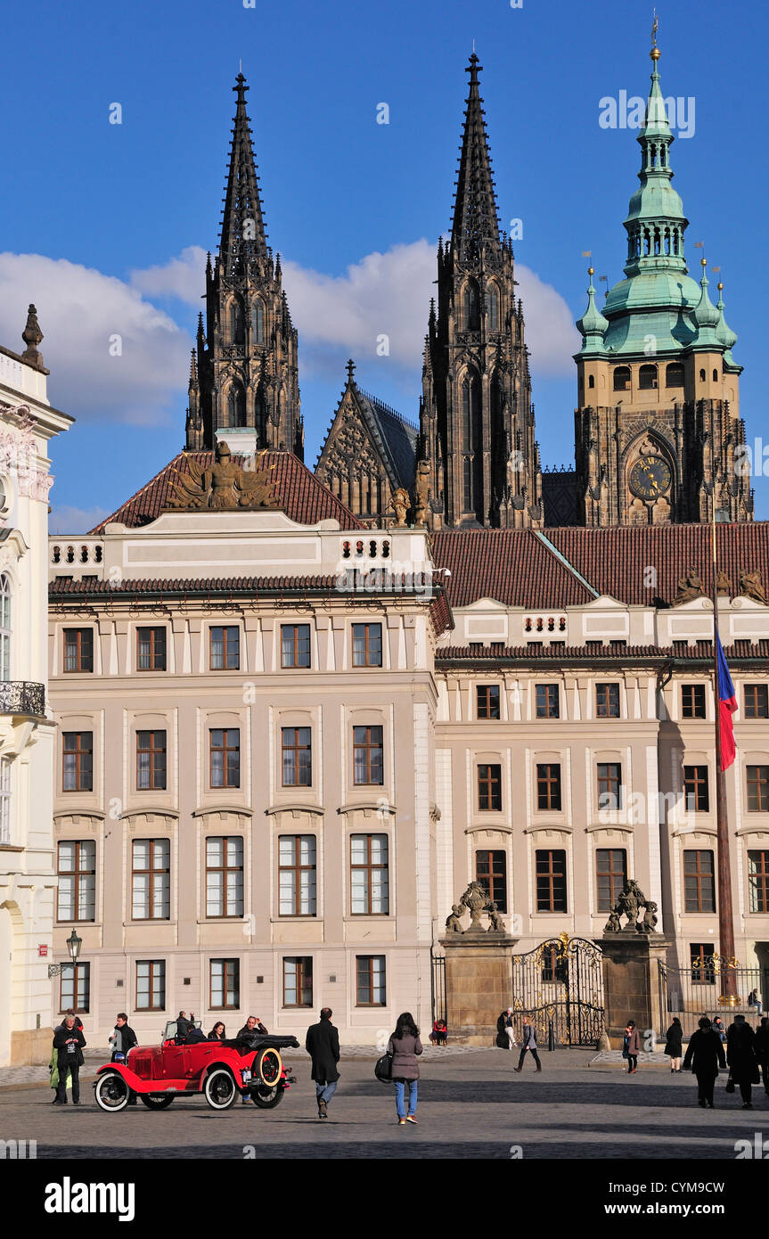 Prague, Czech Republic. Prague castle and St Vitus Cathedral seen from Hradcanske namesti / Castle Square Stock Photo
