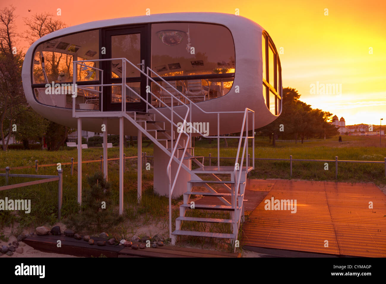 Built by the architect Ulrich Müther former air-sea rescue station in concrete shell structure construction in the sunset Stock Photo