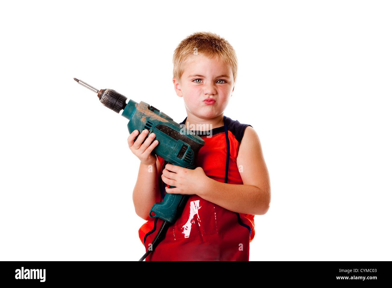 Macho boy child with heavy duty drill and lots of attitude, isolated. Stock Photo