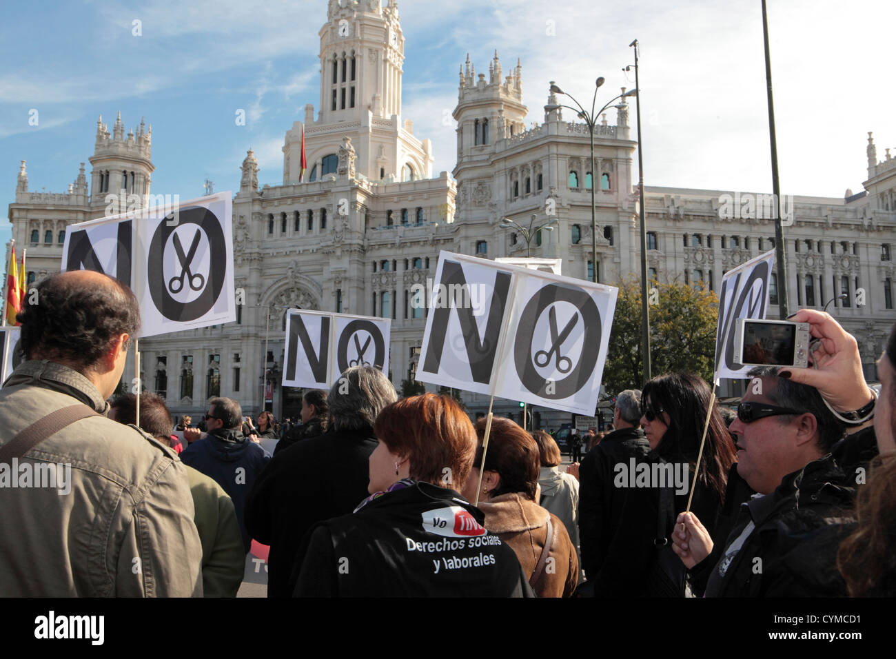 Anti-austerity No Cuts demonstration protest Plaza de Cibeles Madrid Spain Stock Photo