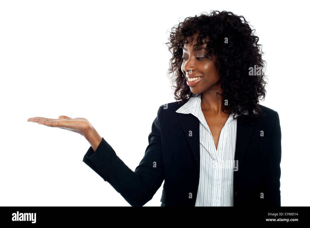 African woman with open palm. Copy space business concept Stock Photo