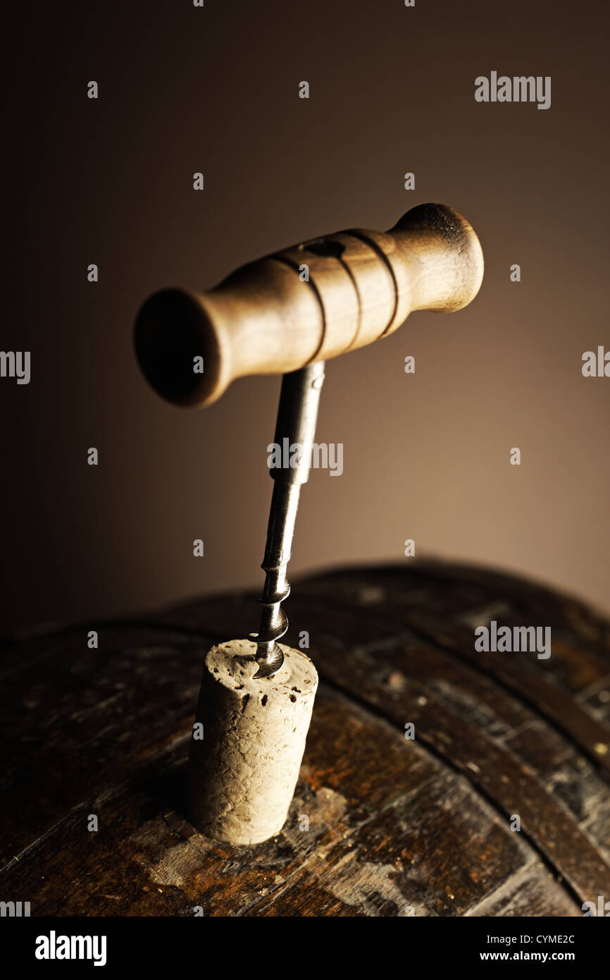 corkscrew and wooden barrel Stock Photo Alamy