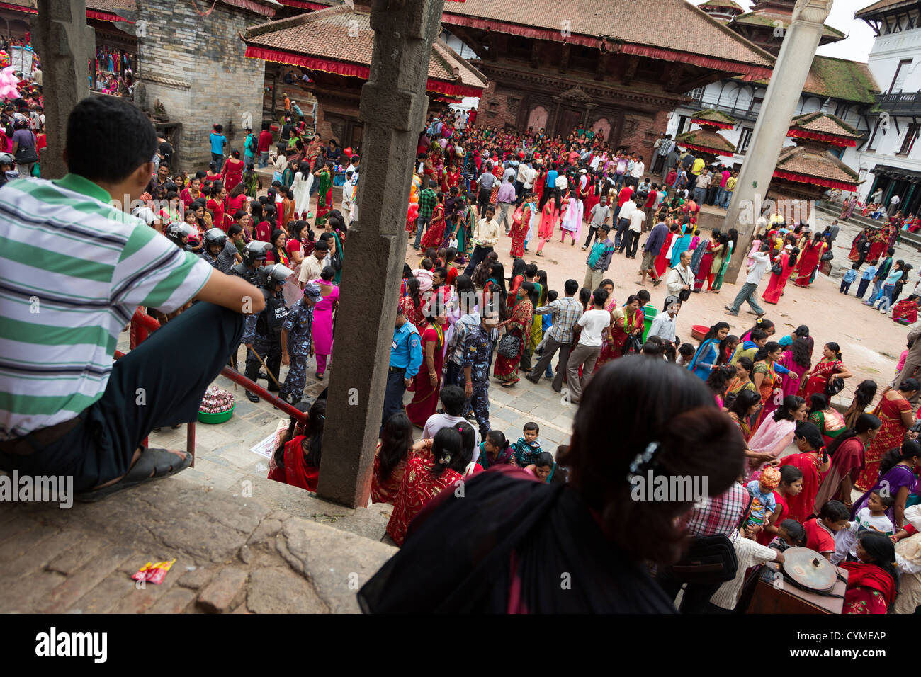 Nepalses people celebrating the Teej festival in Durbar square, Kathmandu, Nepal Stock Photo