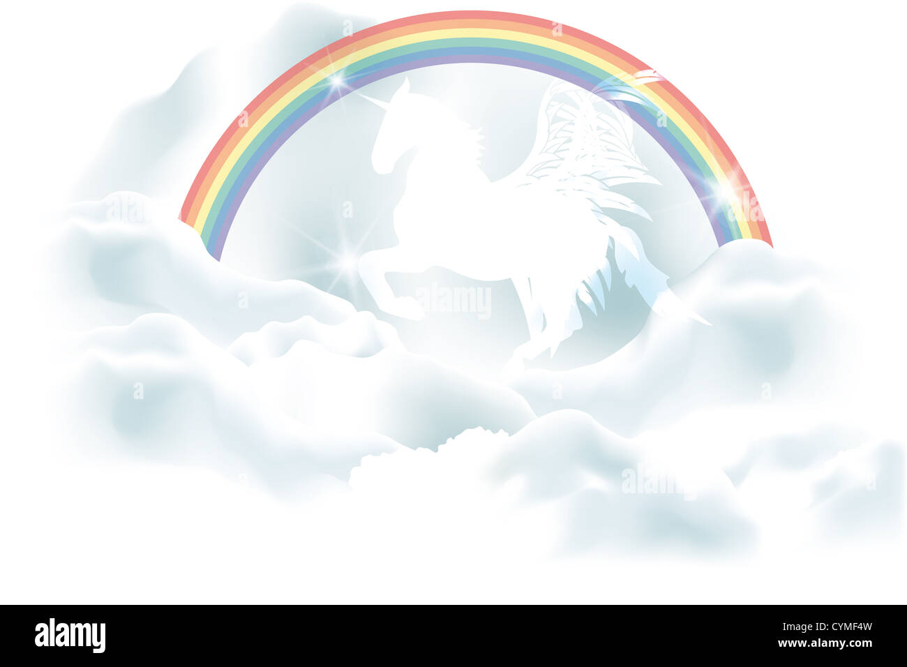 Magical white unicorn in clouds under the rainbow Stock Photo - Alamy