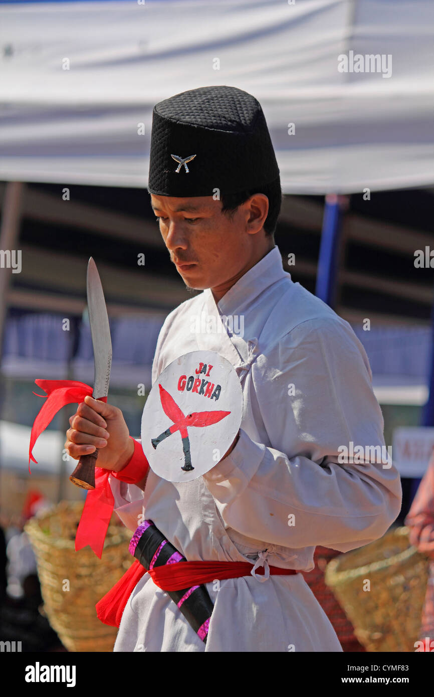 Gorkha, Ghurka Man with Khukuri; Knife; Kukri at Namdapha Eco Cultural Festival, Miao, Arunachal Pradesh, India Stock Photo