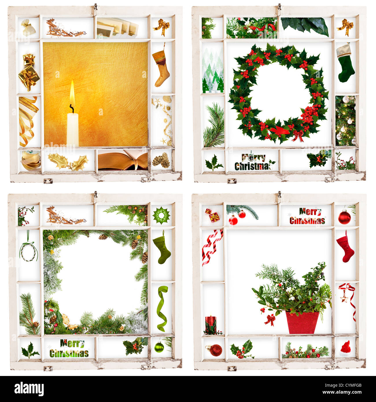 Grungy Old Window Frames With Collages Of Red Green Gold