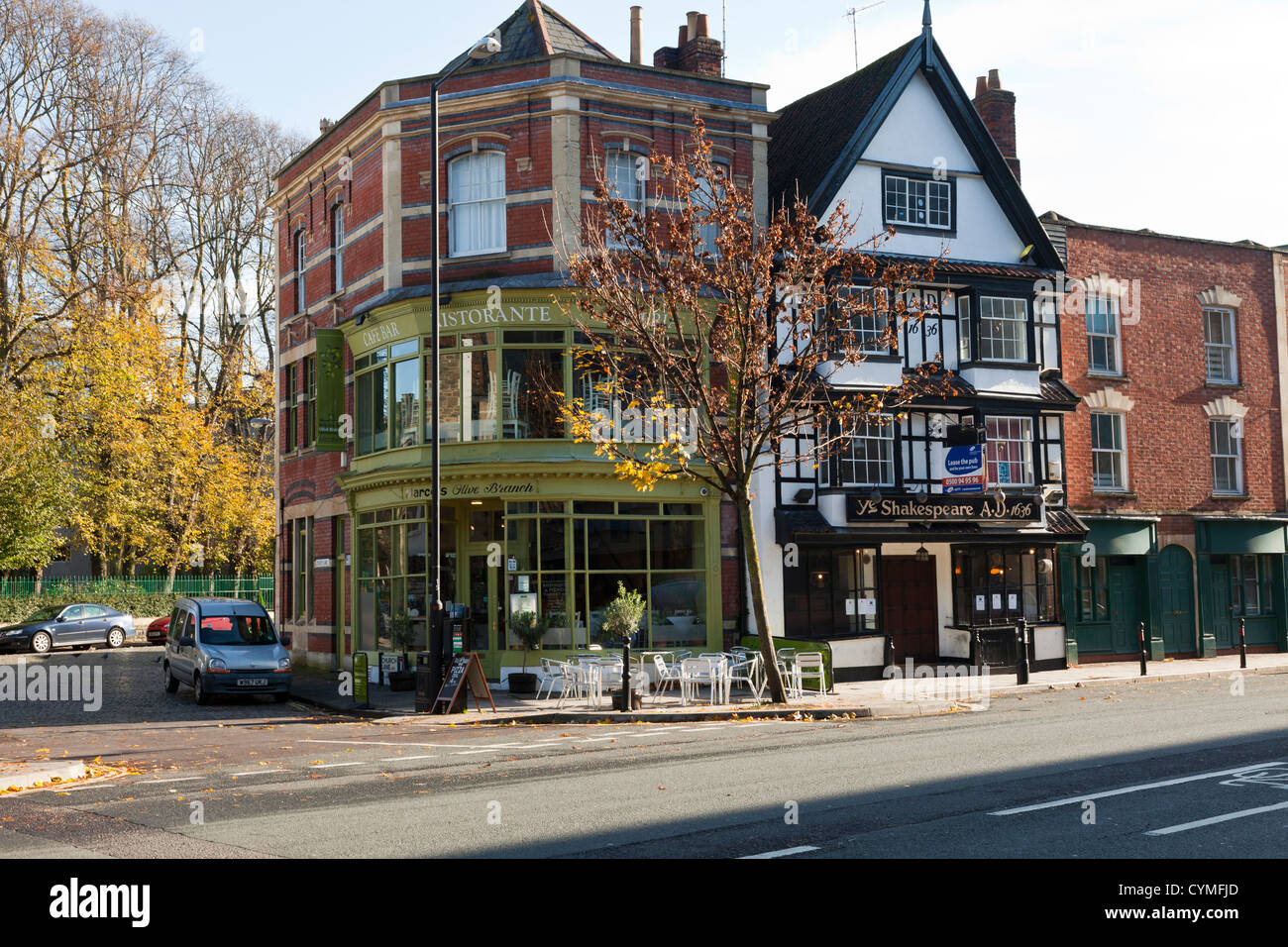 Marco's Olive Branch Italian restaurant ristorante cafe bar and Ye  Shakespeare pub built in 1636 on Victoria Street, Bristol, UK Stock Photo -  Alamy