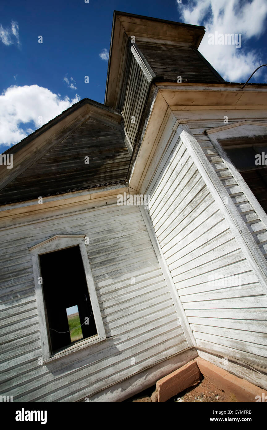 Abandoned church from the ground looking up with a very wide lens. Stock Photo