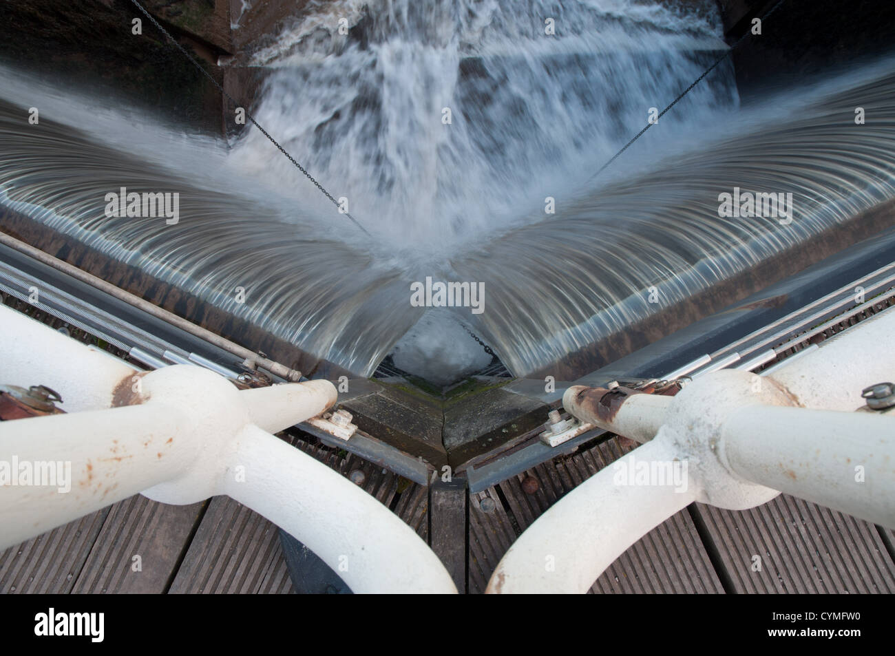 water cascading over canal lock gates, view from top of gates Stock Photo Alamy