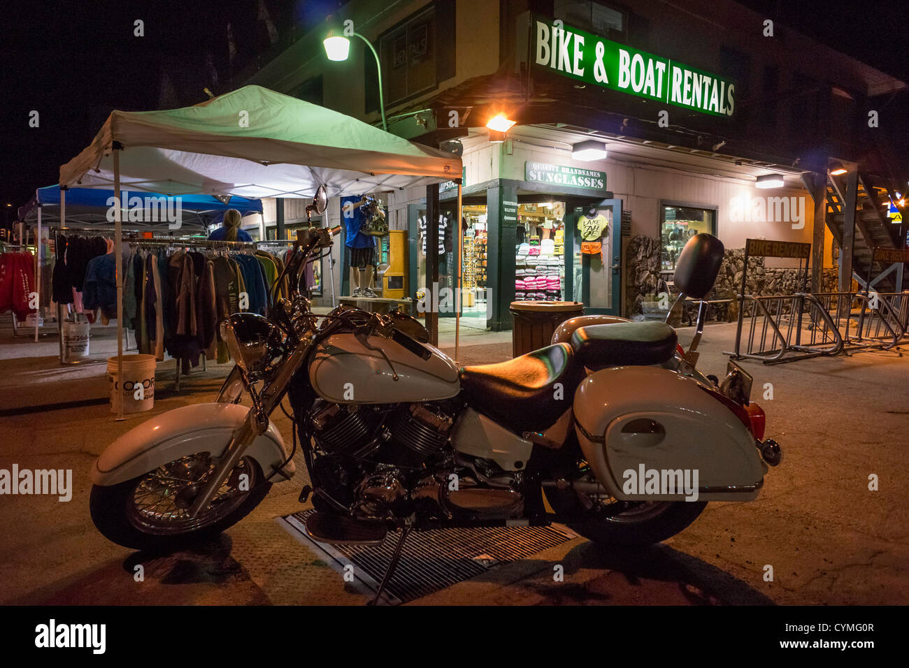 Lake Tahoe South Lake Tahoe at night with motorbike. Bike and boat