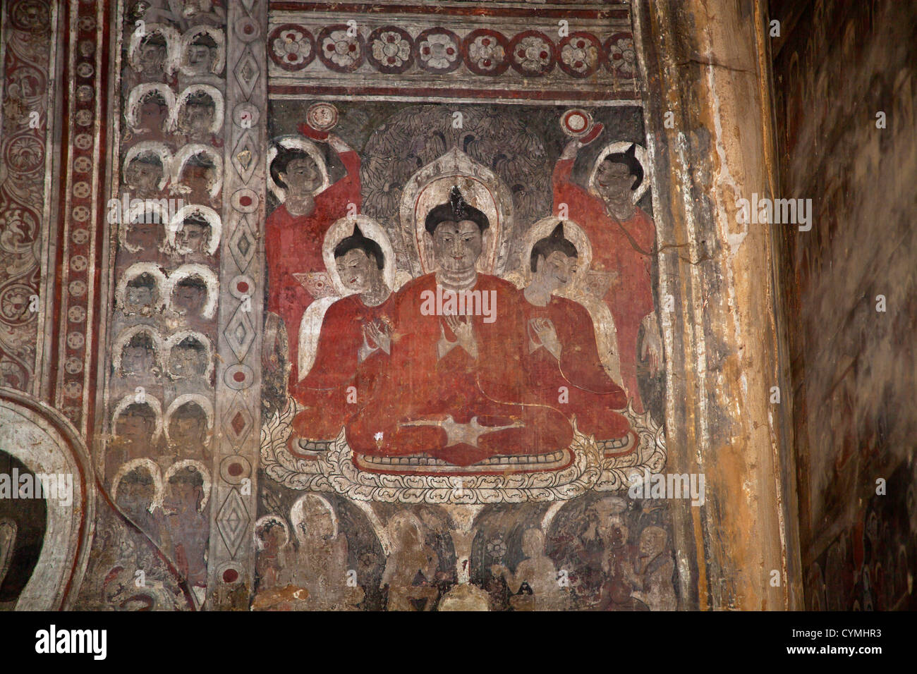 The LAW KAHTIKEPAN temple complex boast some beautiful ancient FRESCOS - BAGAN, MYANMAR Stock Photo