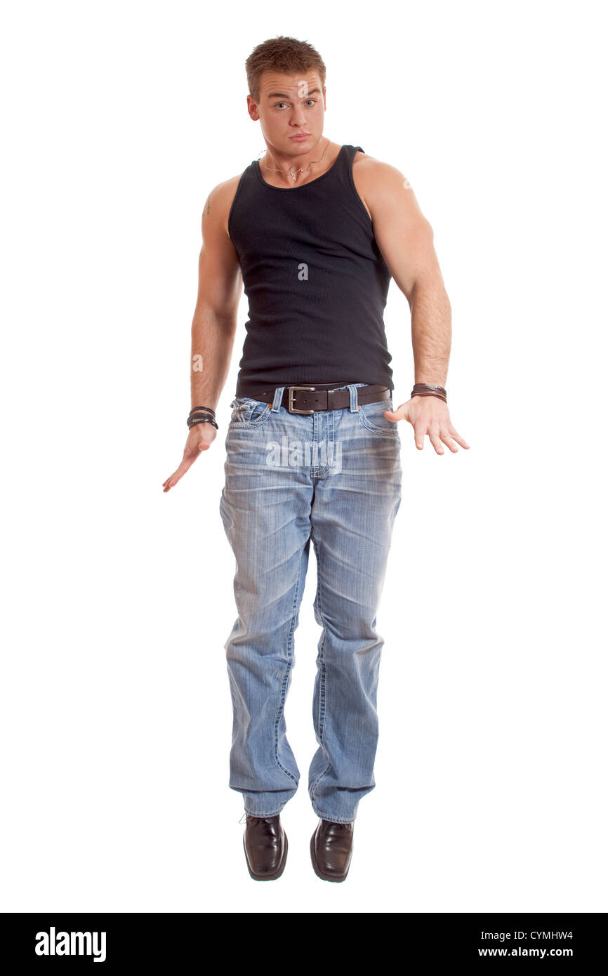 Casual young man in black undershirt and jeans. Stock Photo