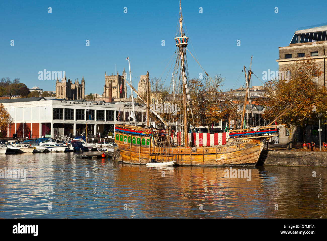 'The Matthew' replica of the ship John Cabot discovered north America in 1497 moored in Bristol floating harbor harbour. Stock Photo