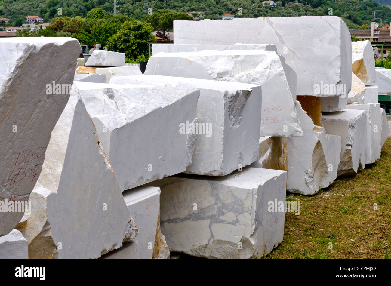 Marble blocks of Carrara marble, mined from the mountain just outside