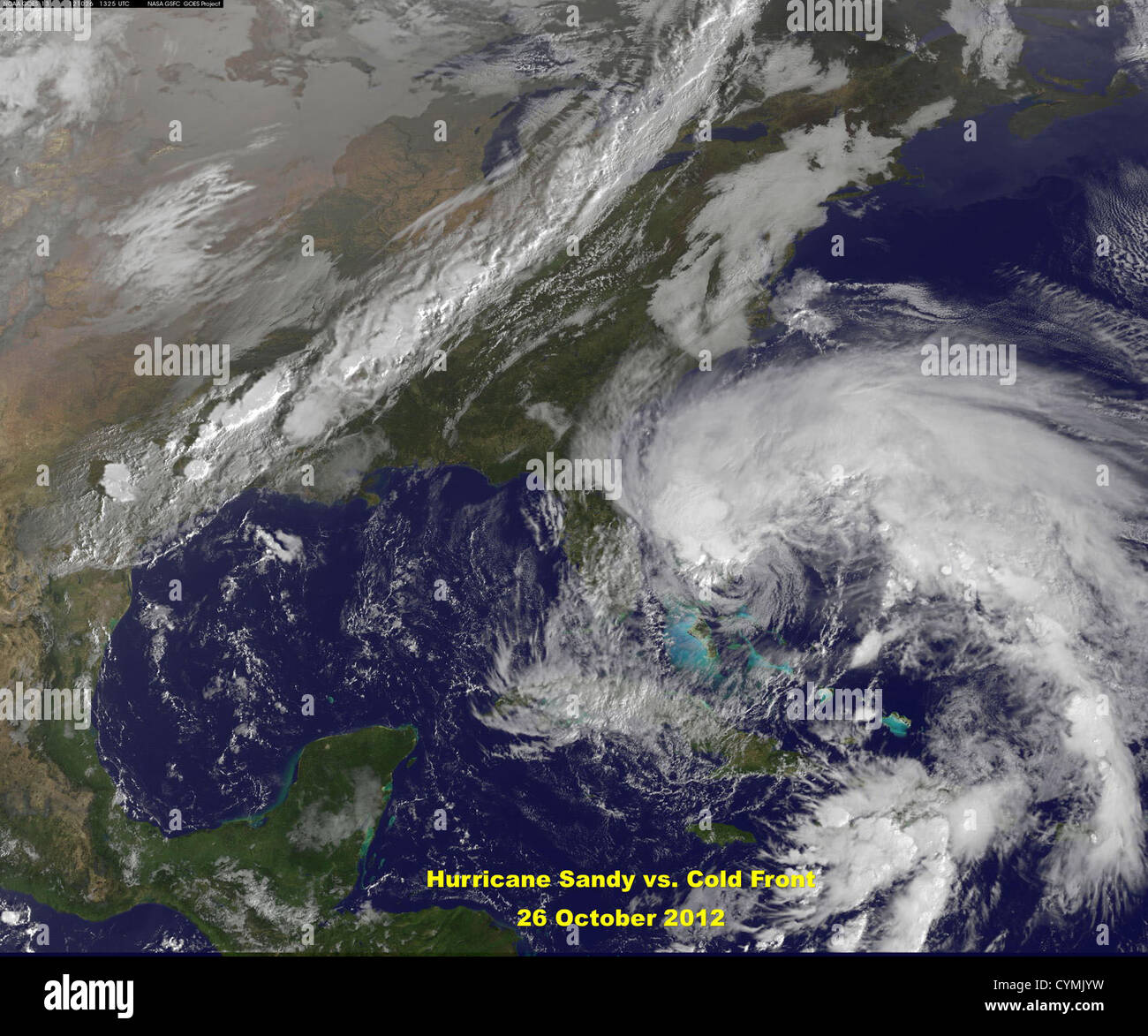 Hurricane Sandy vs Cold Front. 26 October 2012. Satellite Image. Stock Photo