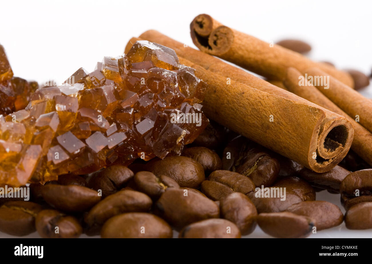 Isolated coffee beans, cinnamon and sugar crystals Stock Photo Alamy
