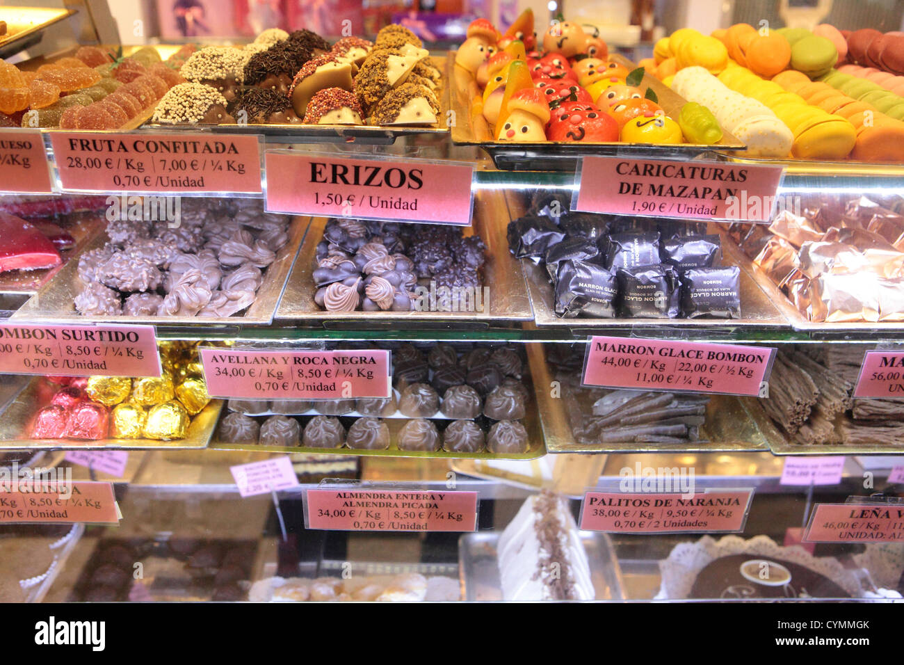 Sweets chocolates for sale sweetshop Pasteleria traditional bakery, Madrid, Spain Stock Photo