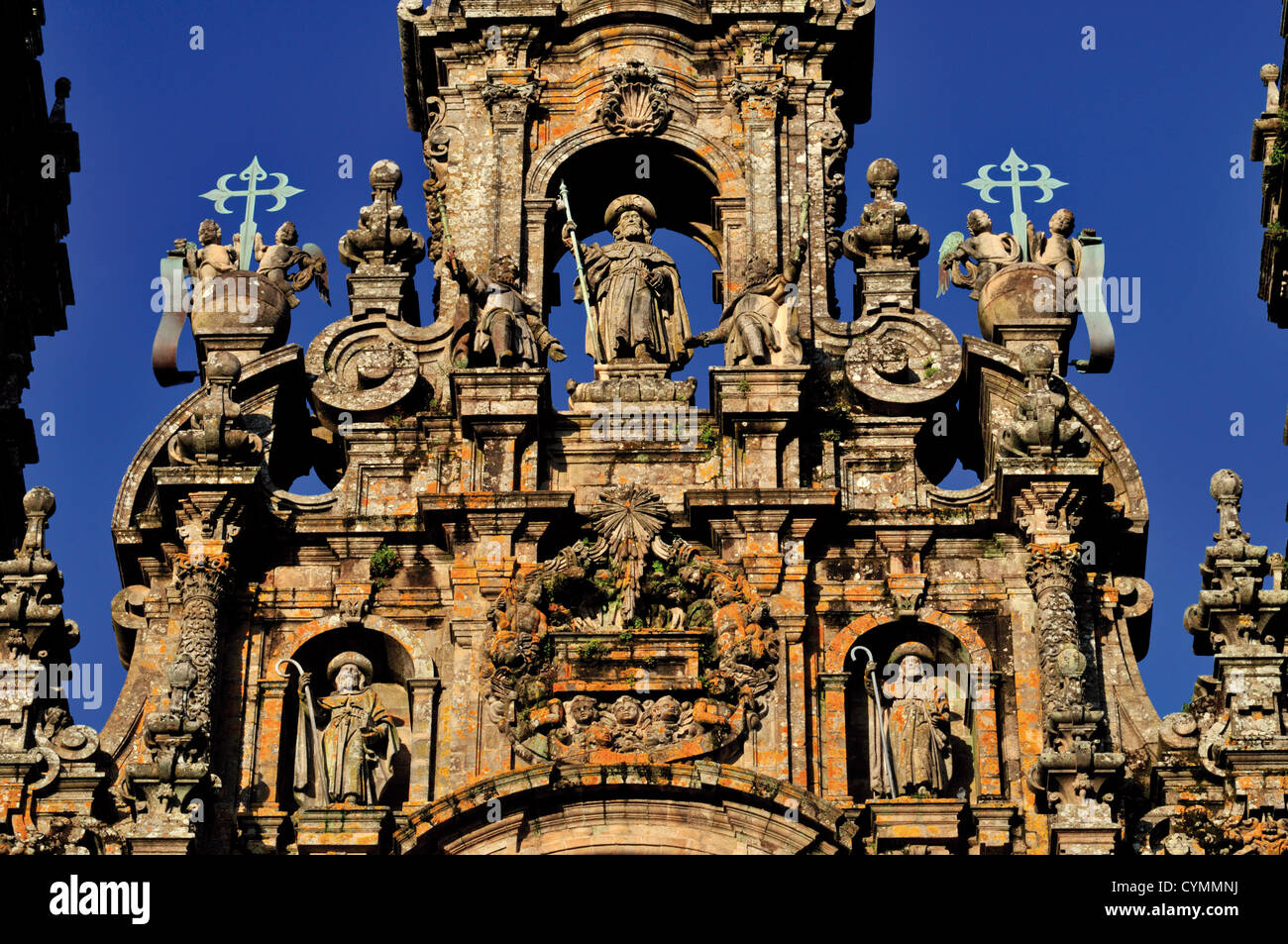 Spain, St. James Way: Detail of the front facade of Santiago de Compostela´s Cathedral Stock Photo