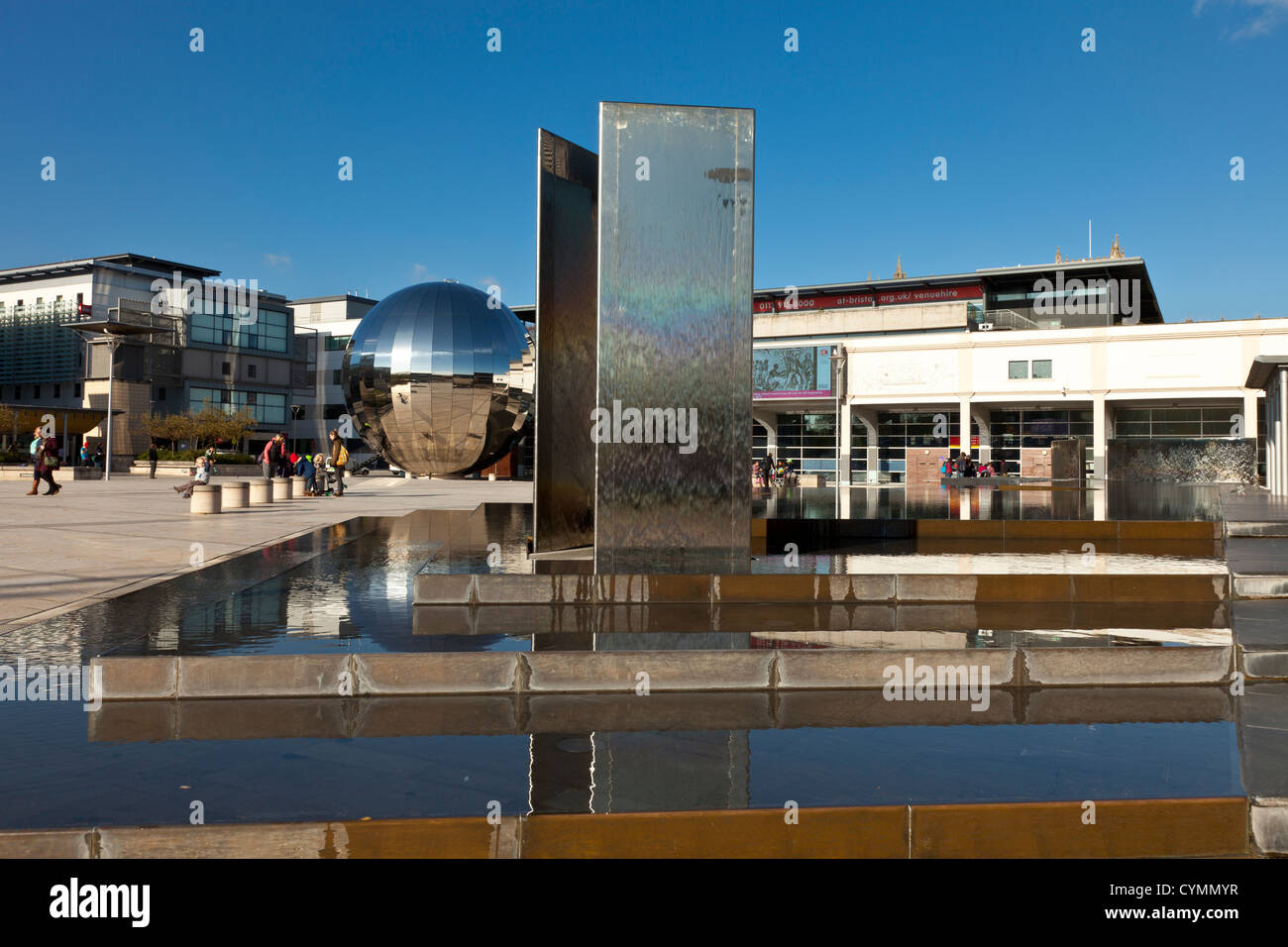 Modern trendy funky stainless steel public space art, sculptures & water features in Millennium Square Bristol England UK. Stock Photo