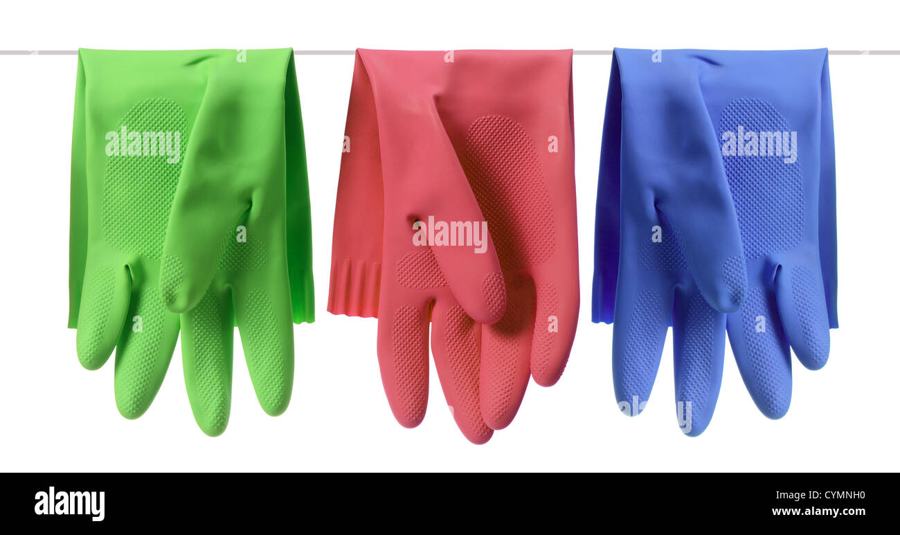 Rubber Gloves Hanging on Clothesline Stock Photo