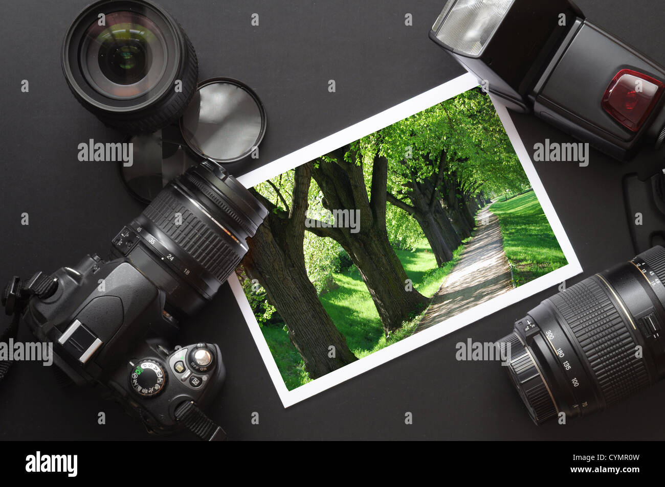 vacation or travel image concept with camera and lens Stock Photo - Alamy
