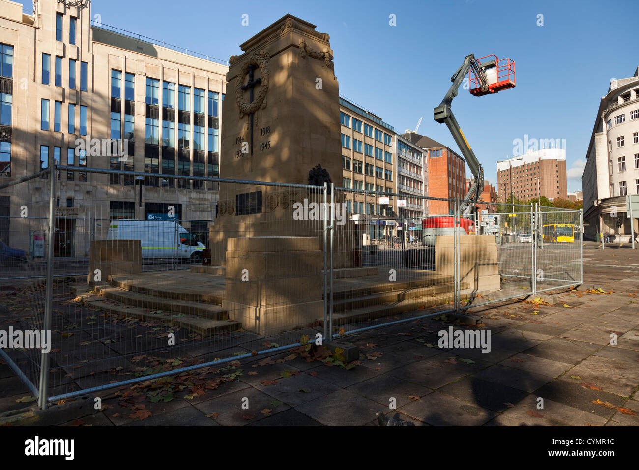 Cenotaph in Bristol city center being cleaned ready for remembrance sunday 11th November 2012, 11/11/12. Stock Photo