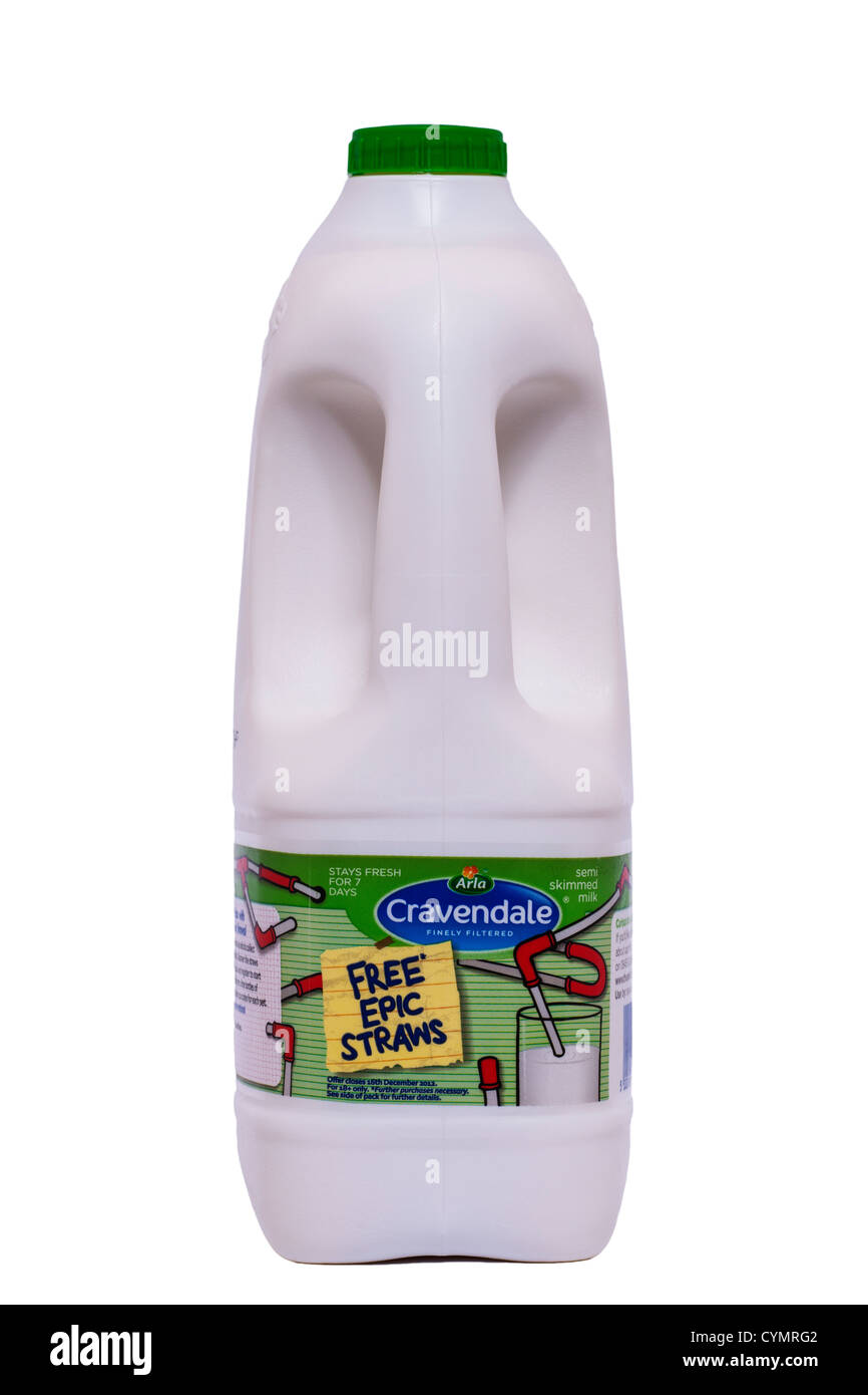 A plastic bottle of Cravendale finely filtered semi skimmed milk on a white background Stock Photo