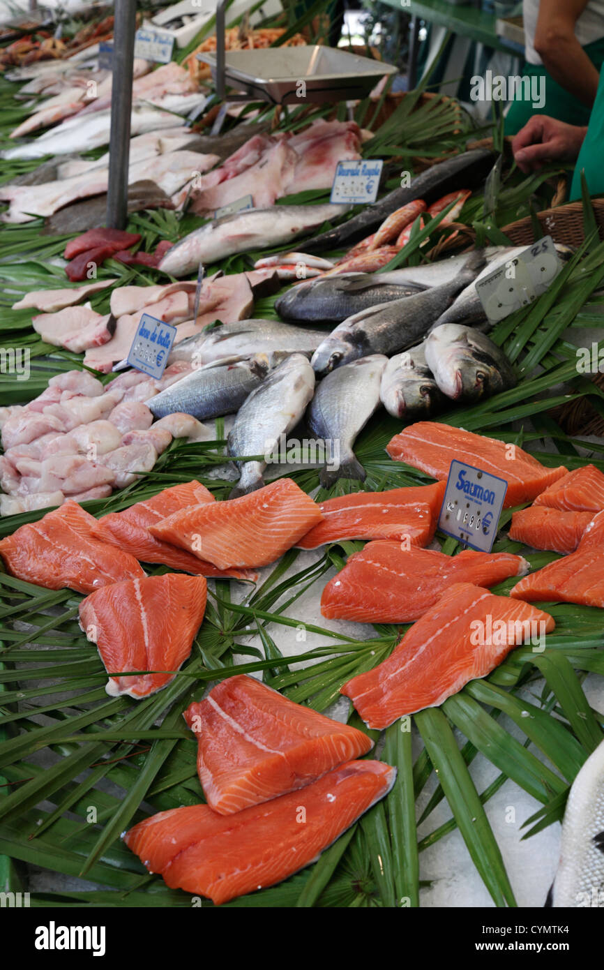 fish stall with salmon fillets Stock Photo
