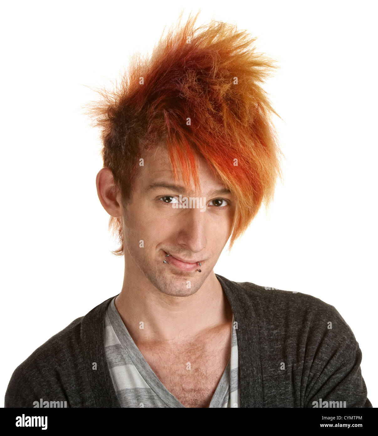 Smiling teen punk with orange mohawk over white Stock Photo