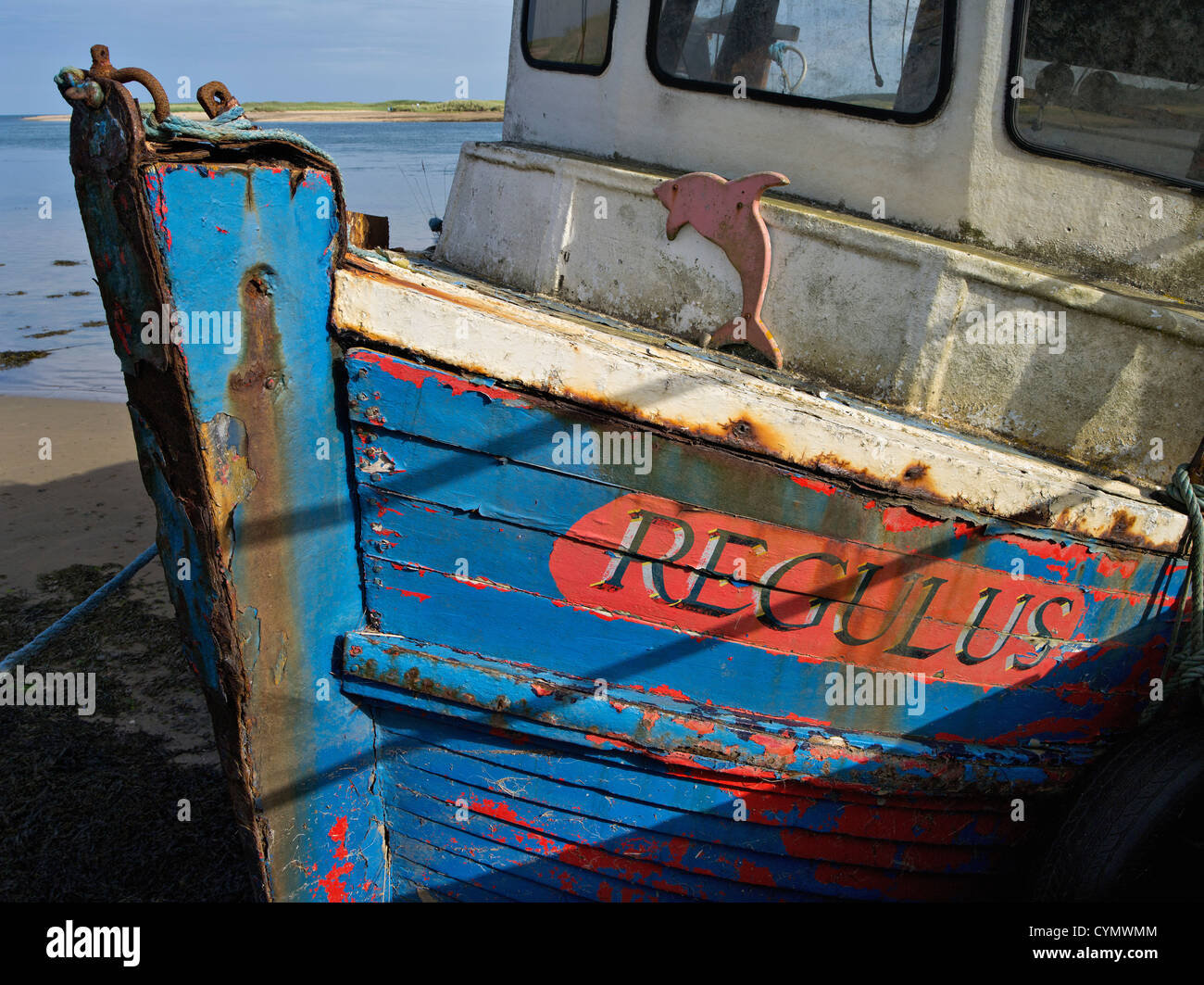 Abandoned fishingboat at Litle Ferry, Loch Fleet, Sutherland, Scotland Stock Photo