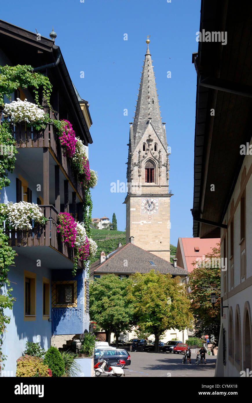 Parish church of Tramin at the South Tyrolean wine route. Stock Photo