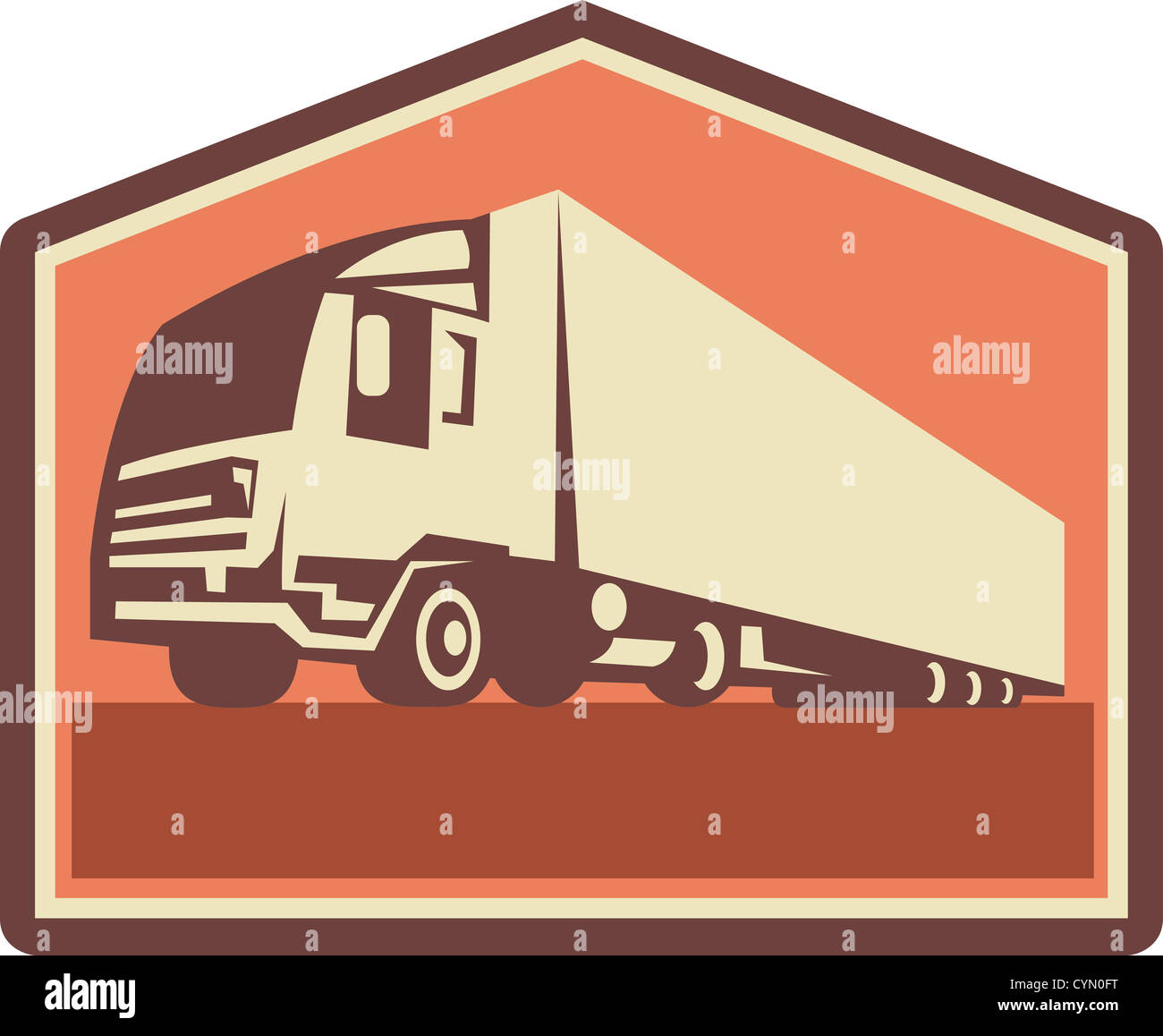 Illustration of a container truck and trailer lorry done in retro style viewed from a low angle. Stock Photo