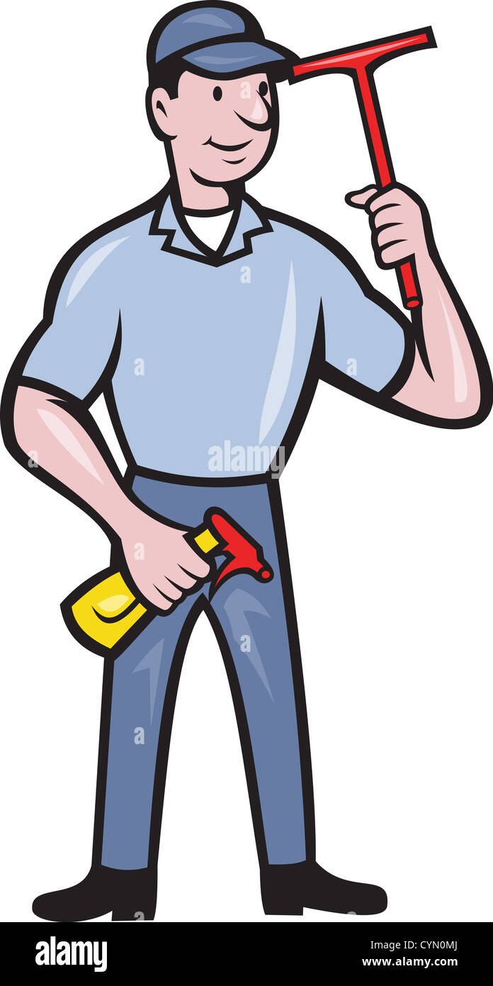 Illustration of window cleaner with squeegee and spray bottle done in cartoon style. Stock Photo
