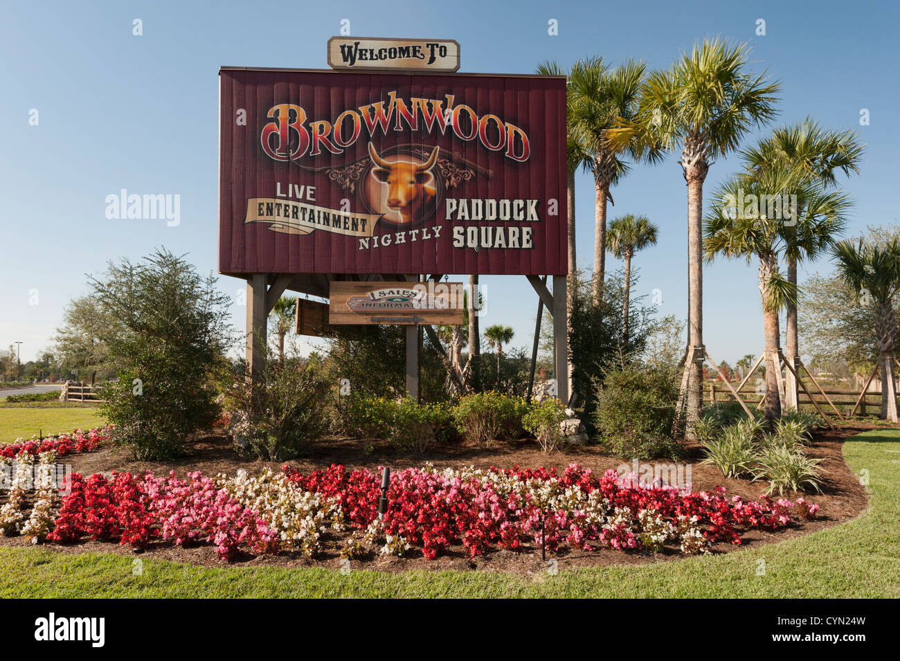 Entrance to Brownwood in The Villages, Florida. A golf retirement Stock