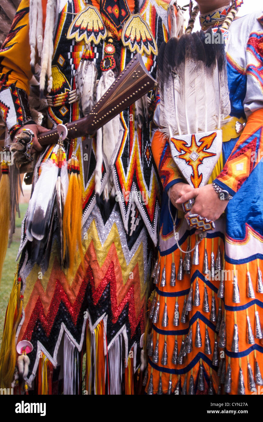 A close-up of the ornate and colorful ceremonial dress of a Native American Umatilla Indian couple near Pendleton, Oregon, USA. Stock Photo