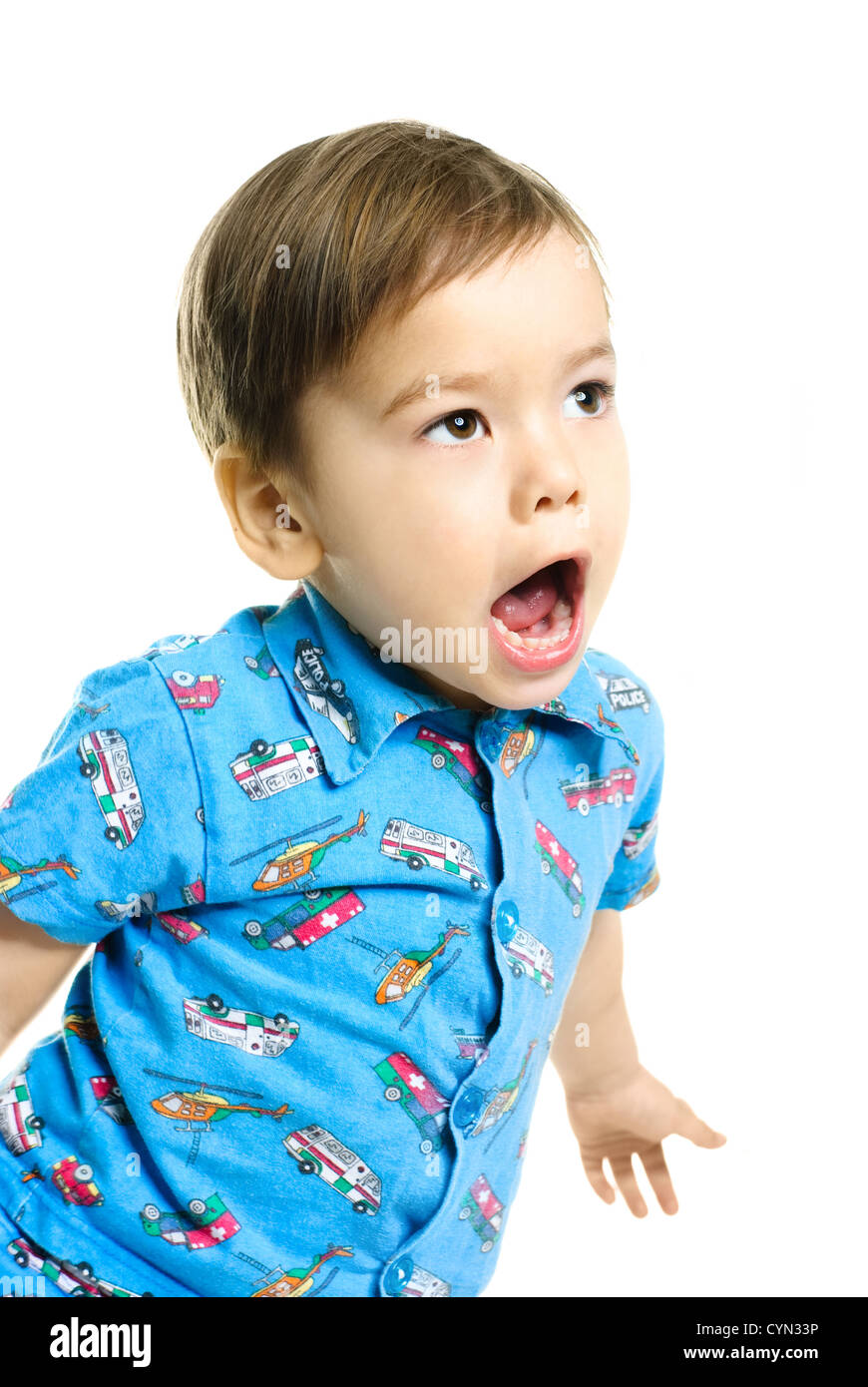 portrait of a displeased screaming three year old boy Stock Photo
