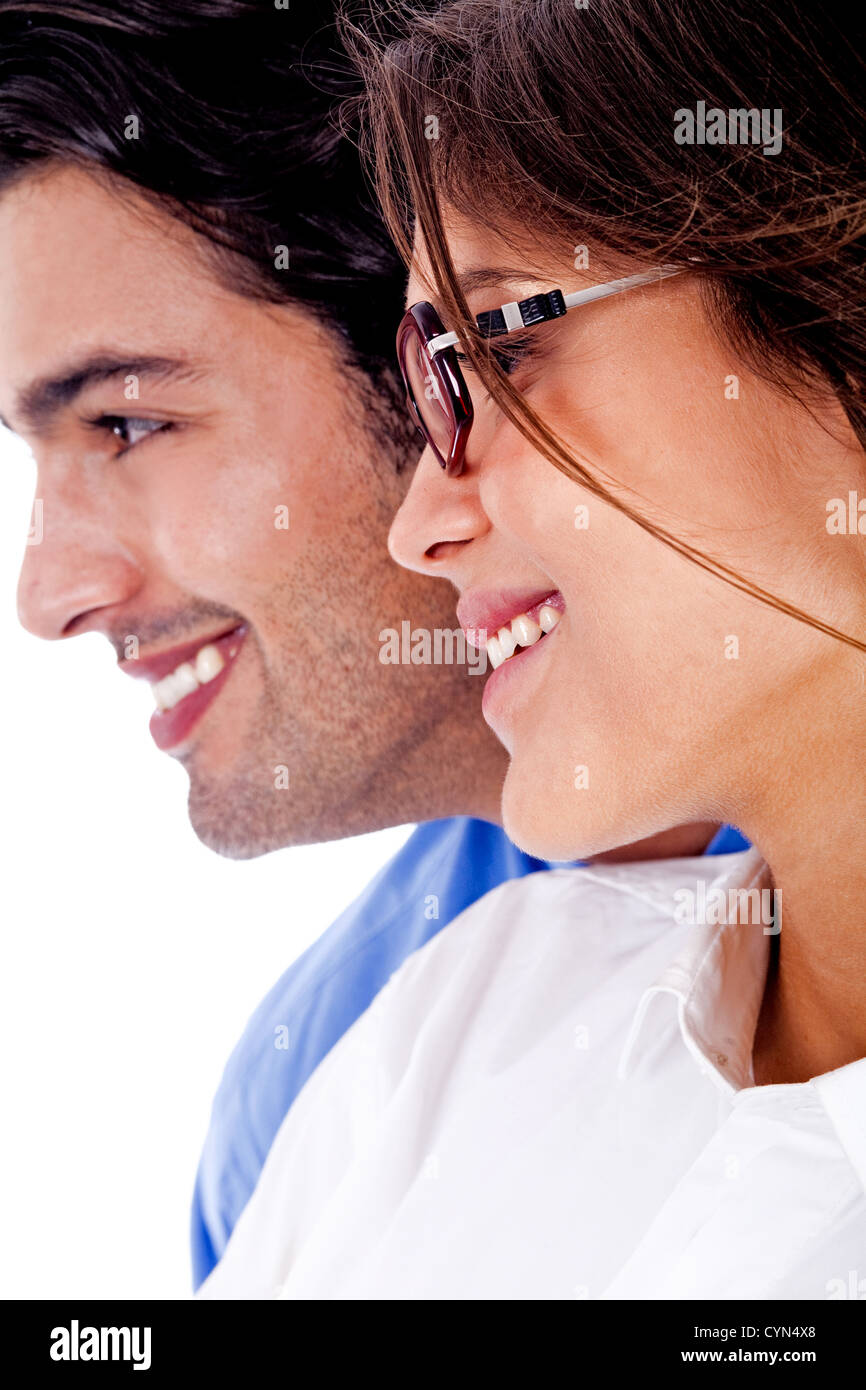 Smiling young couple on isolated white backround Stock Photo