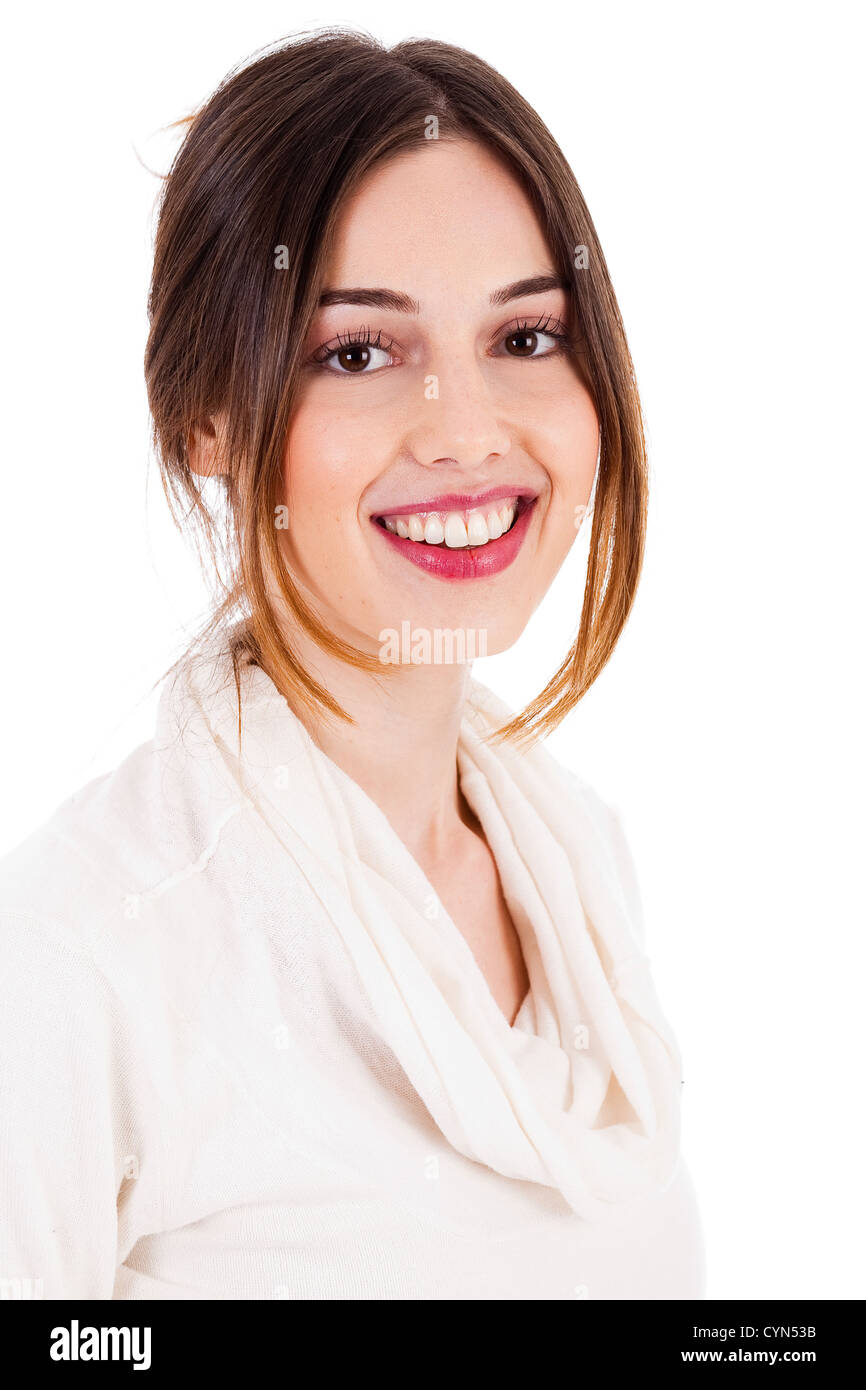 smiling shot of young brunette model on isolated white background Stock ...