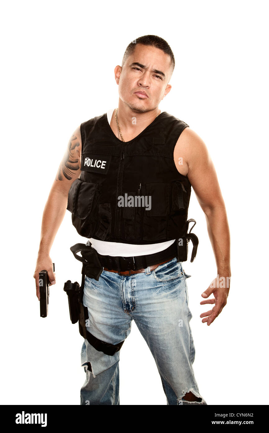 Tough Hispanic Cop with Pistol in Bulletproof Vest Stock Photo