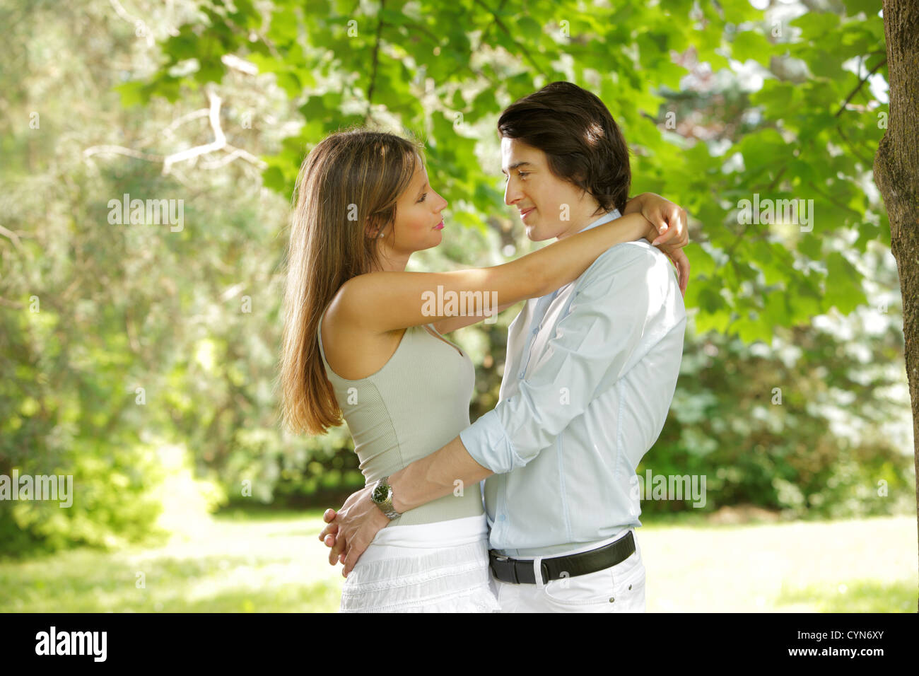 happy couple in love looking into each other's eyes Stock Photo