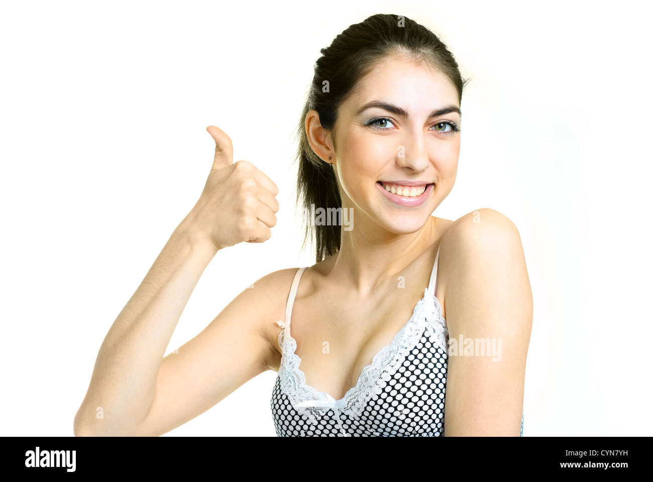 portrait of happy pretty girl with her thumb up Stock Photo - Alamy