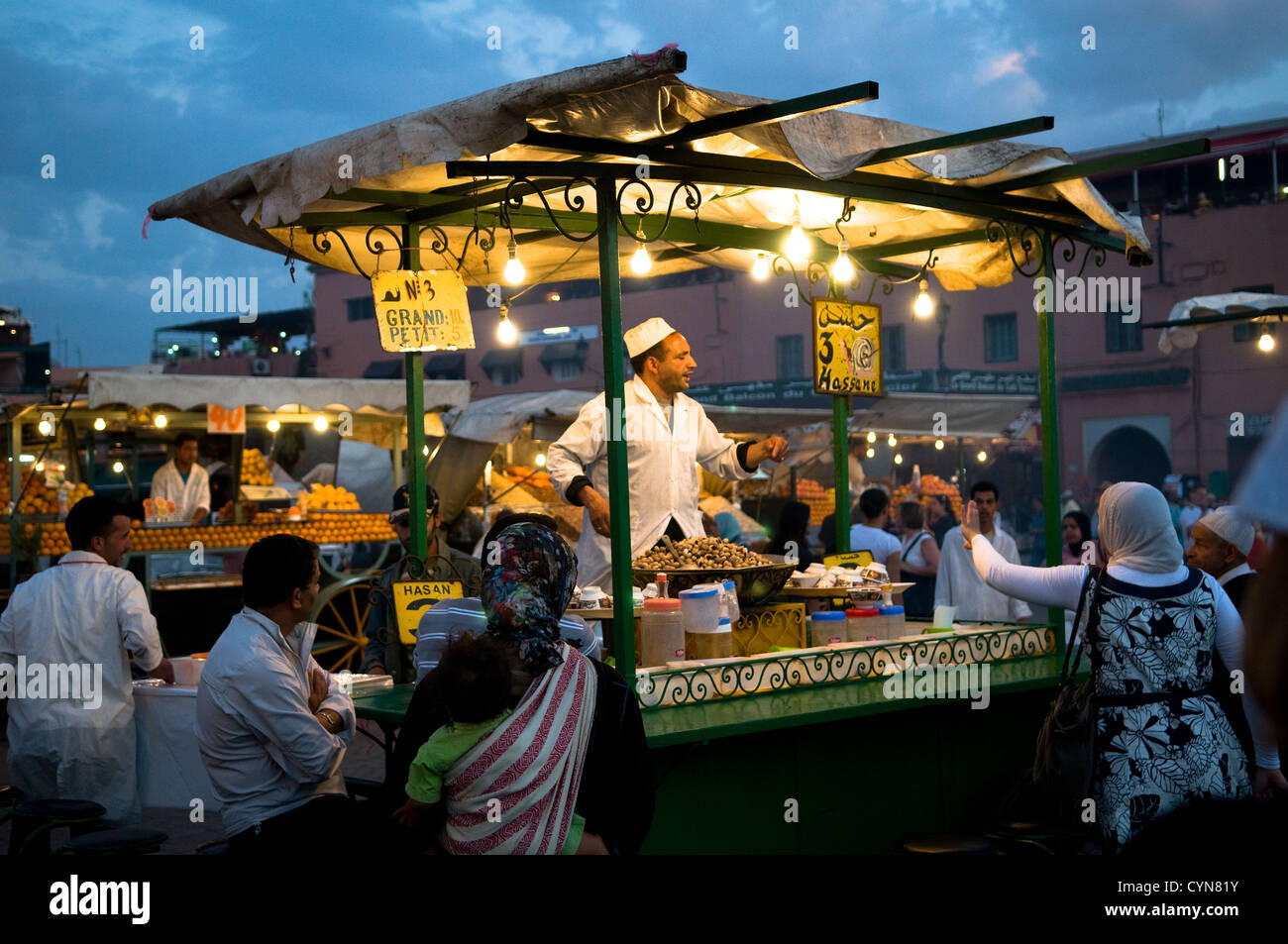 The vibrant night market at the Djemma el Fna sq. in Marrakesh. Stock Photo